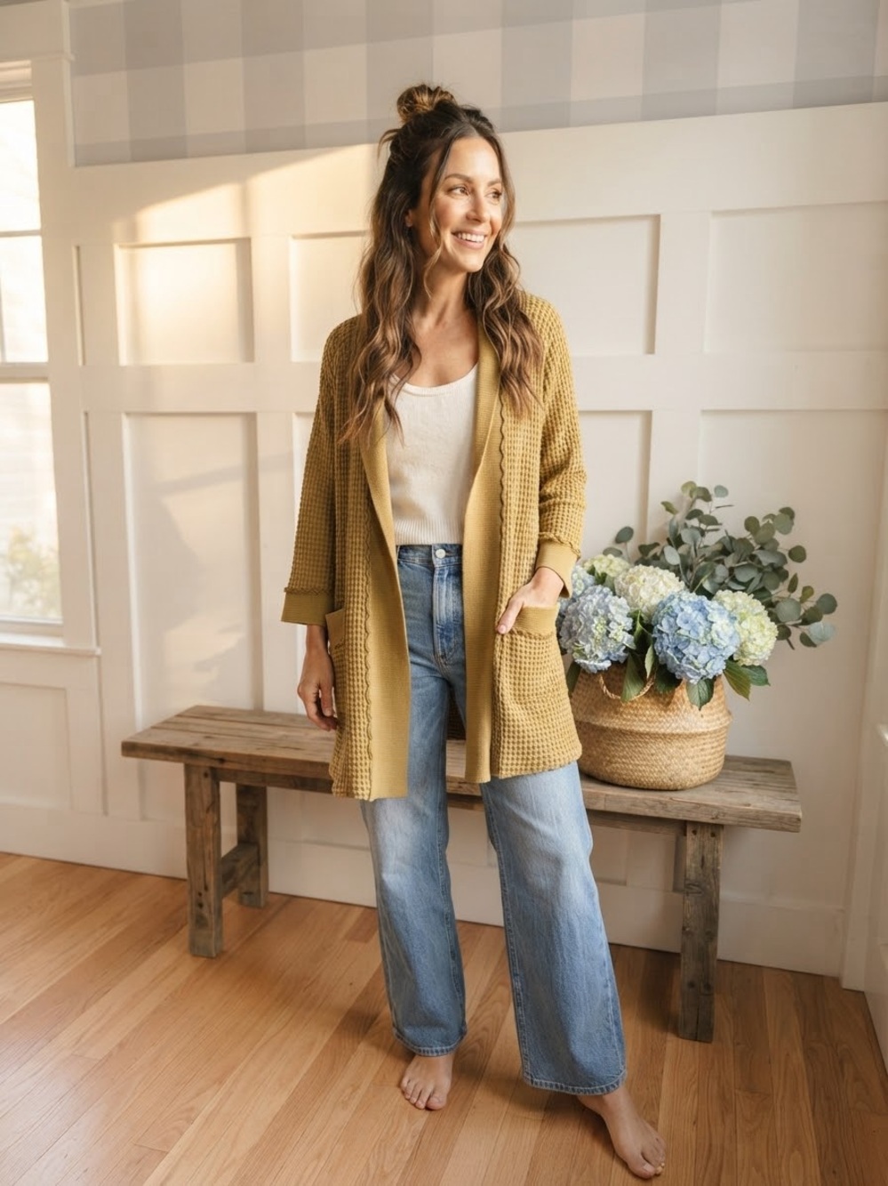 Open Waffle-Knit Cardigan in Mustard Large